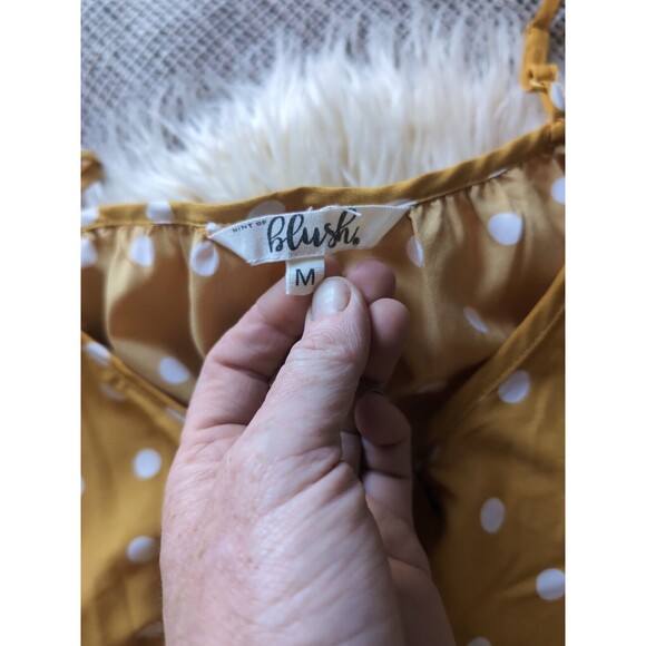 Hint of Blush Yellow Polka Dot Dress M Off the Shoulder Flutter Sleeves - Picture 3 of 9